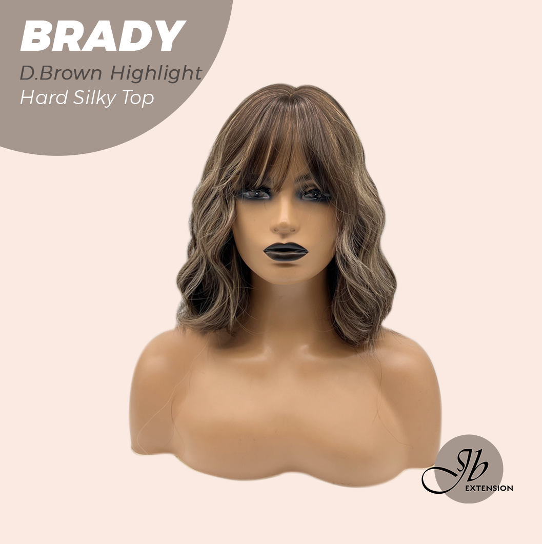 JBEXTENSION 12 Inches Scalpiana Wave Dark Brown with Highlight 3.5X4 Hard Silky Top Natural Scalp Effect Wig with Bang BRADY DARK BROWN HIGHLIGHT