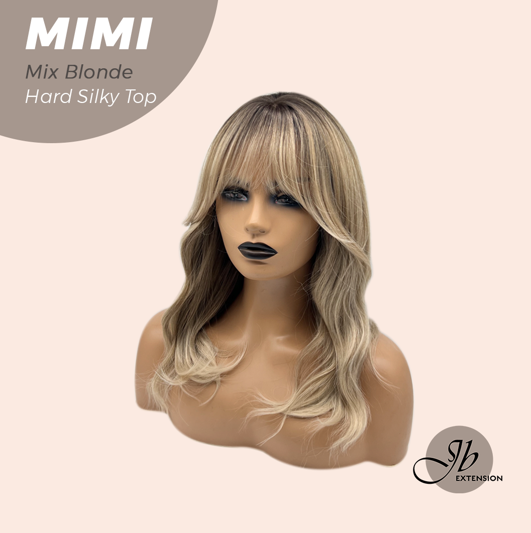 JBEXTENSION 16 Inches Scalpiana 3.5X4 Hard Silky Top Natural Scalp Effect Mix Blonde Body Wave Wig With Bangs Wig MIMI SILK TOP MIX BLONDE