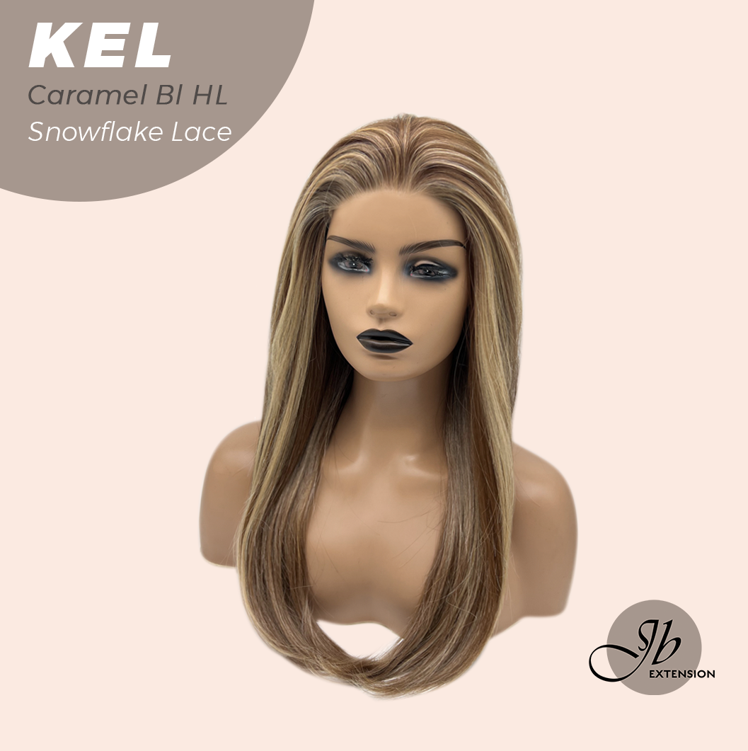 JBEXTENSION 22 Inches Caramel Blonde Highlight Pre-Cut Snowflake Lace Frontlace Glueless Wig KEL CARAMEL BLONDE HIGHLIGHT【PERMATEASE】【BENDY EAR TABS】