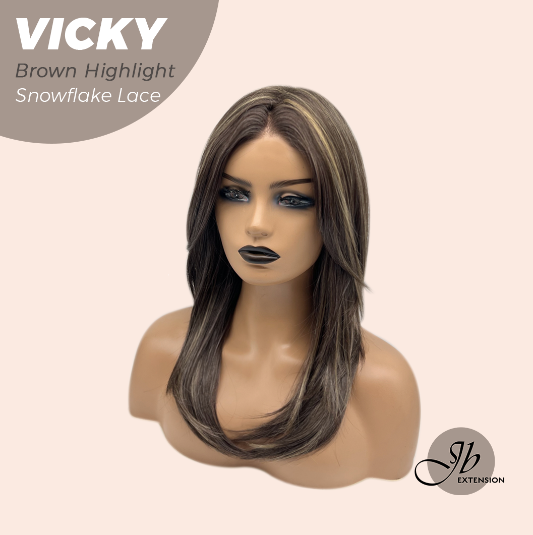JBEXTENSION 20 Inches Dark Brown with Highlight Pre-Cut Snowflake Lace Frontlace Glueless Wig VICKY BROWN HIGHLIGHT【PERMATEASE】【BENDY EAR TABS】- M/L