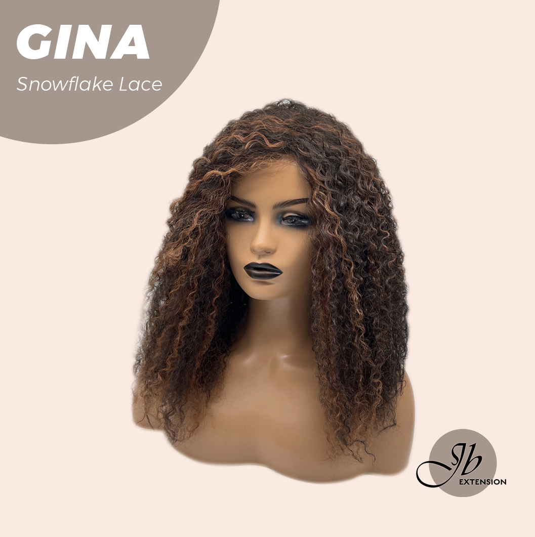 JBEXTENSION 16 Inches Deep Curly Black with Brown Highlight Pre-Cut Snowflake Lace Frontlace Glueless Wig GINA SNOWFLAKE【PERMATEASE】【BENDY EAR TABS】