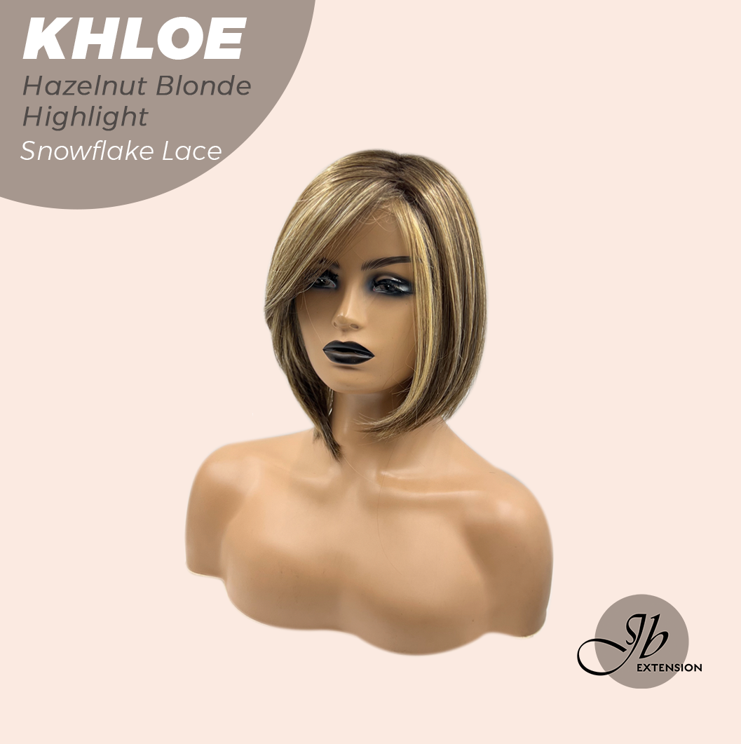 JBEXTENSION 12 Inches Bob Cut Hazelnut Blonde Highlight Pre-Cut Snowflake Lace Frontlace Glueless Wig KHLOE HAZELNUT【PERMATEASE】【BENDY EAR TABS】