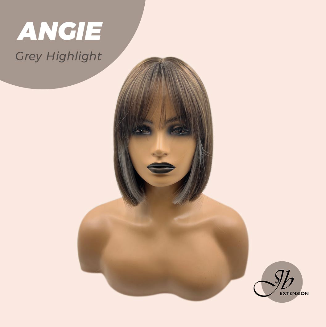 JBEXTENSION 12 Inches Bob Cut Dark Brown With Grey Highlight Wig With Bangs ANGIE GREY
