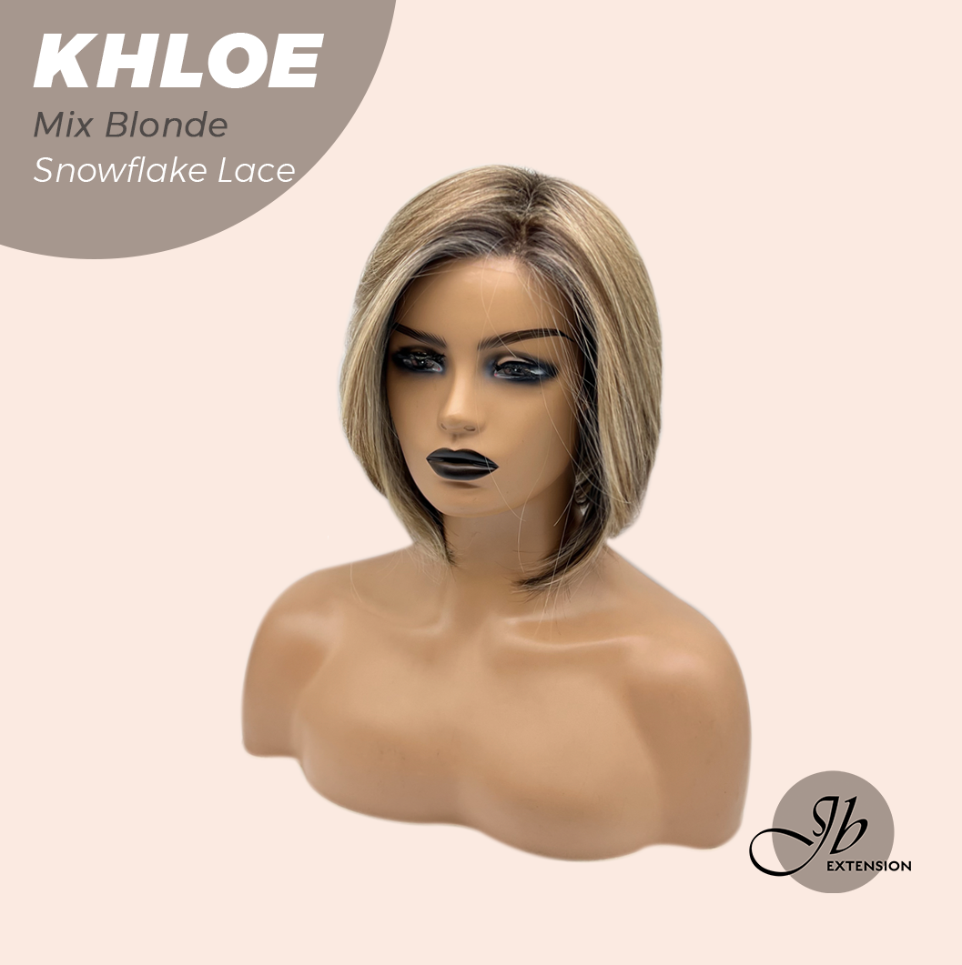 JBEXTENSION 12 Inches Bob Cut Mix Blonde Pre-Cut Snowflake Lace Frontlace Glueless Wig KHLOE MIX BLONDE【PERMATEASE】【BENDY EAR TABS】