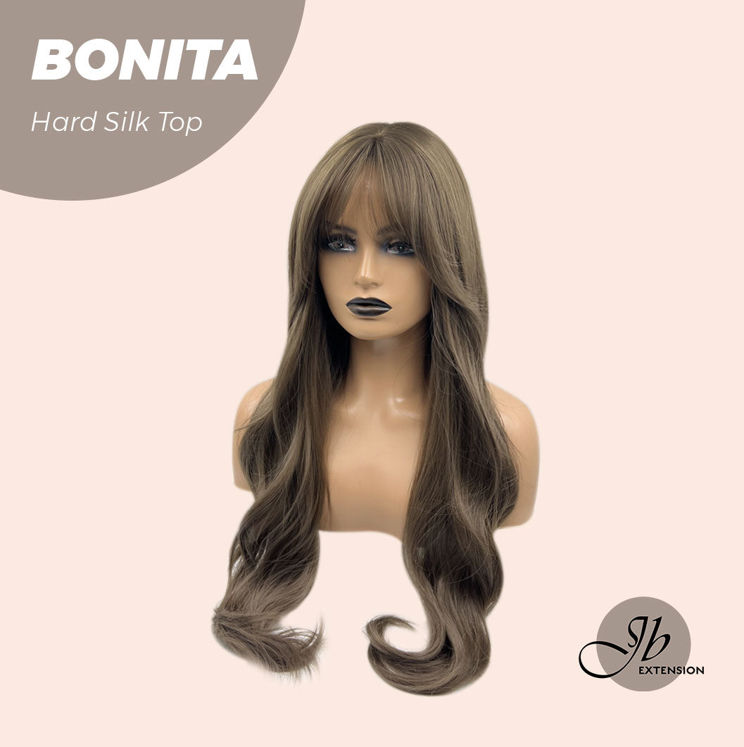 JBEXTENSION 26 Inches Scalpiana Brown Curly 3.5X4 Hard Silky Top Natural Scalp Effect Wig With Bangs BONITA
