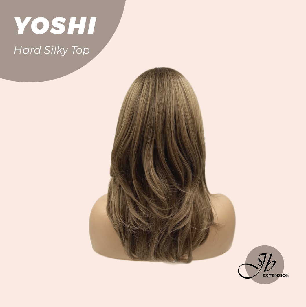 JBEXTENSION 16 Inches Scalpiana Hush Cut Light Brown 3.5X4 Hard Silky Top Natural Scalp Effect Wig With Bangs YOSHI SILKY TOP