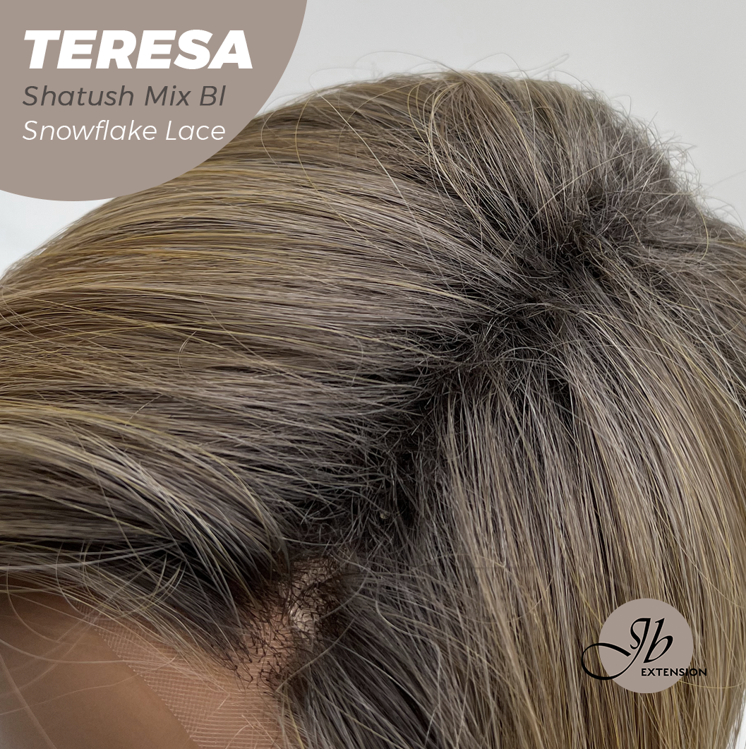 JBEXTENSION 18 Inches Shatush Mix Blonde Pre-Cut Snowflake Lace Frontlace Glueless Wig TERESA SHATUSH MIX BLONDE【PERMATEASE】【BENDY EAR TABS】- S/M