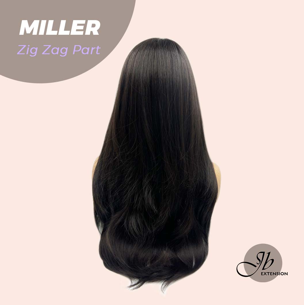 JBEXTENSION 26 Inches Soft Black Curly Zig Zag Part Wig With Bangs MILLER