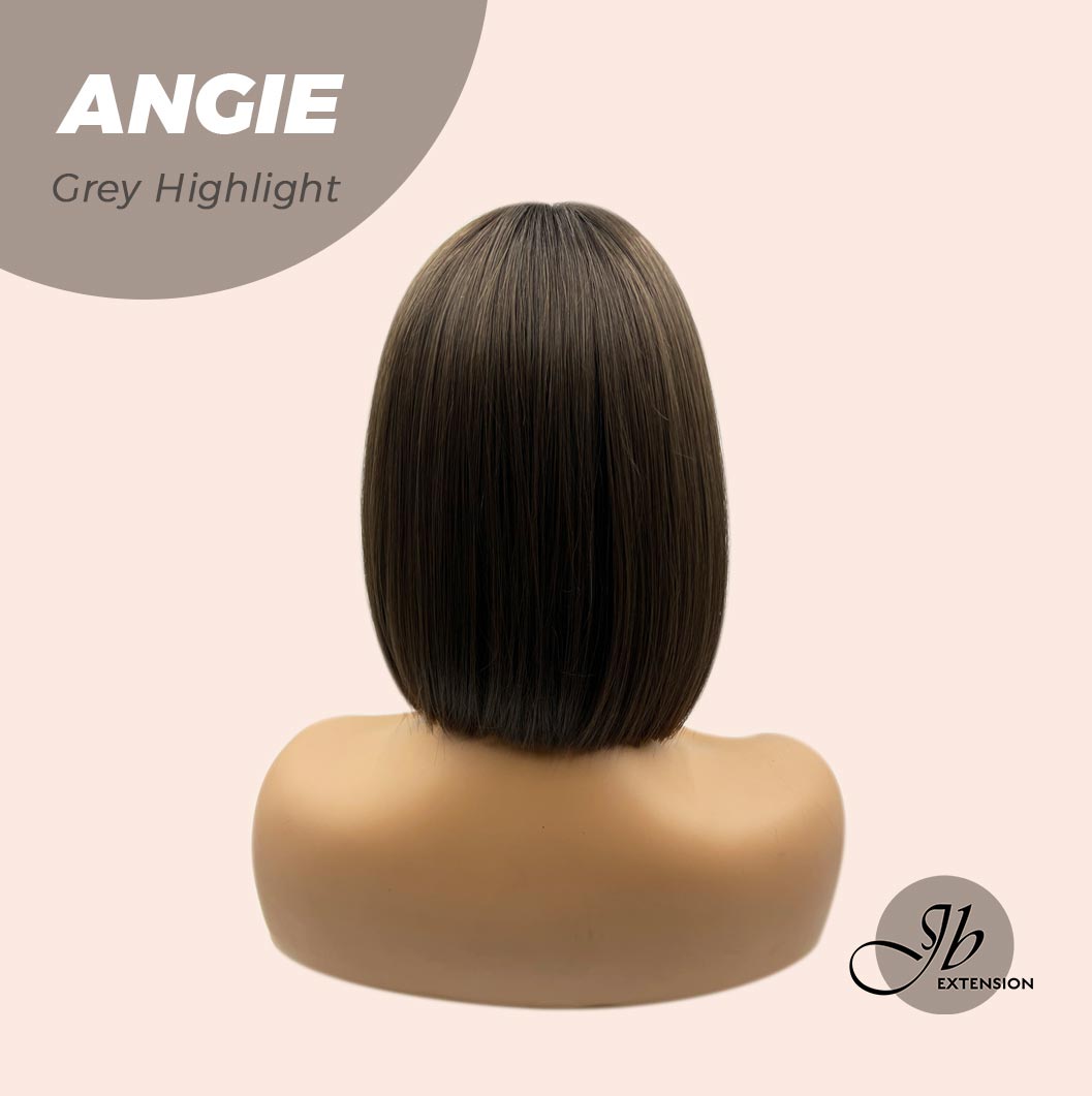 JBEXTENSION 12 Inches Bob Cut Dark Brown With Grey Highlight Wig With Bangs ANGIE GREY