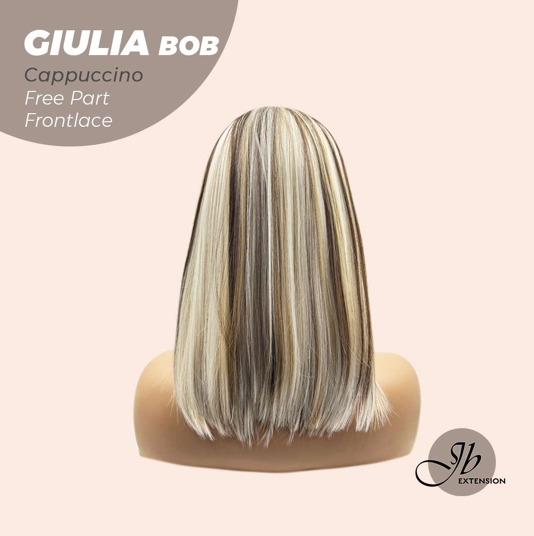 JBEXTENSION 14 Inches Bob Cut Mix Color With Blonde Brown Highlight Free Part Pre-Cut Frontlace Glueless Wig GIULIA BOB CAPPUCCINO (FREE PARTING)