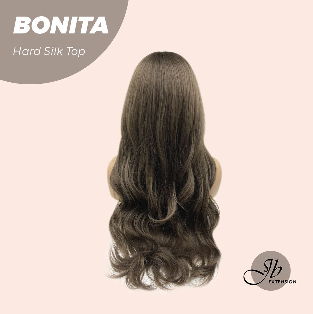 JBEXTENSION 26 Inches Scalpiana Brown Curly 3.5X4 Hard Silky Top Natural Scalp Effect Wig With Bangs BONITA