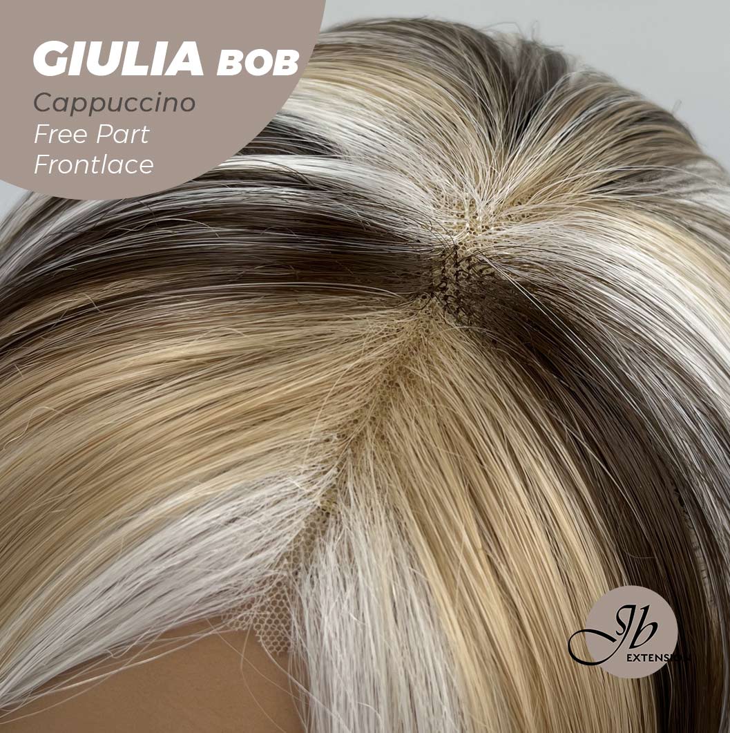 JBEXTENSION 14 Inches Bob Cut Mix Color With Blonde Brown Highlight Free Part Pre-Cut Frontlace Glueless Wig GIULIA BOB CAPPUCCINO (FREE PARTING)