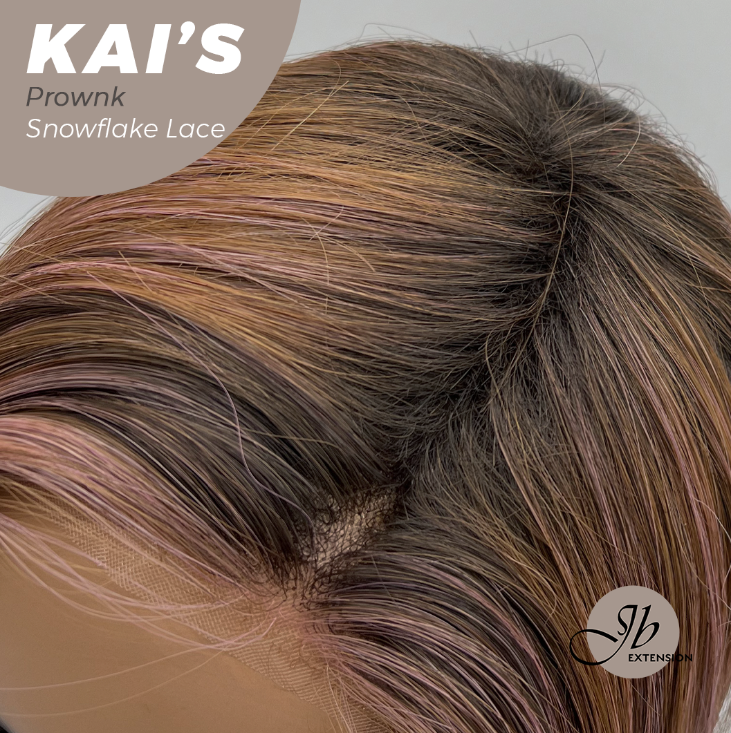 JBEXTENSION 18 Inches Brown with Pink Highlight Pre-Cut Snowflake Lace Frontlace Glueless Wig KAI'S PROWNK【PERMATEASE】【BENDY EAR TABS】- M/L