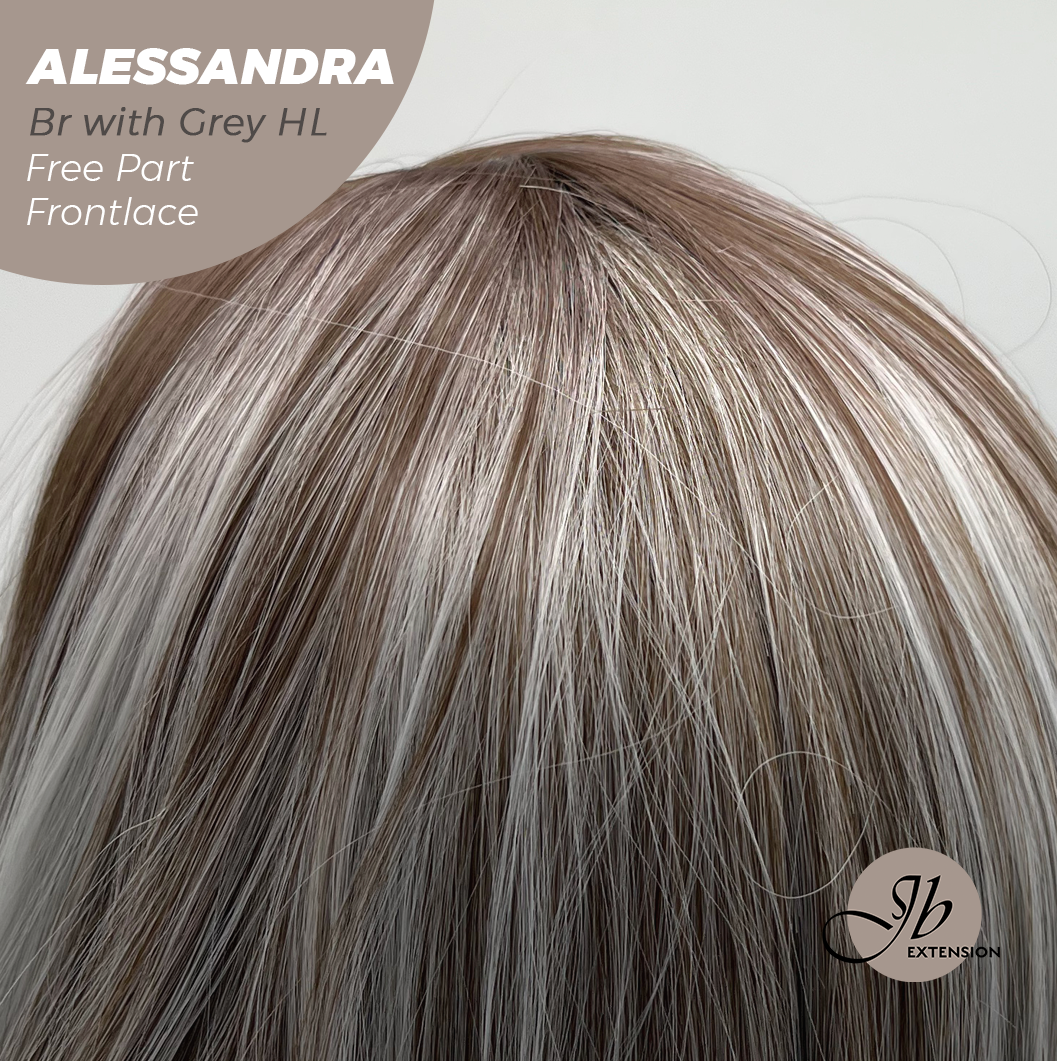 JBEXTENSION 20 Inches Brown with Grey Highlight Curly Fiber X, Tangle Less Pre-Cut Free Part Frontlae Glueless Wig ALESSANDRA GREY
