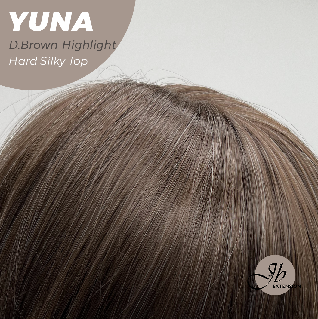 JBEXTENSION 12 Inches Scalpiana Dark Brown with Highlight 3.5X4 Hard Silky Top Natural Scalp Effect Women Wig With Bangs YUNA DARK BROWN HIGHLIGHT
