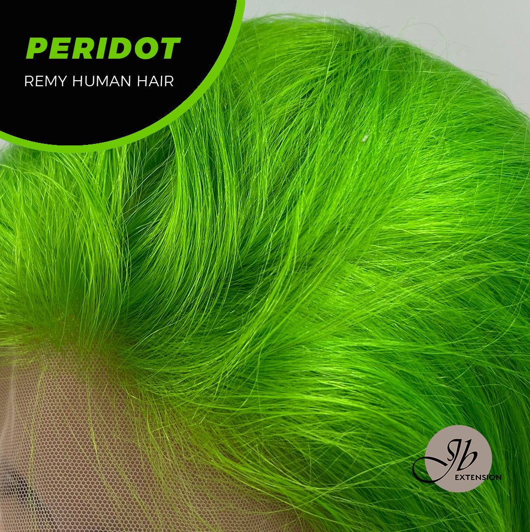 JBEXTENSION GEMSTONE COLLECTION 12 Inches Real Human Hair Light Green Bob Cut Free Parting Wig PERIDOT