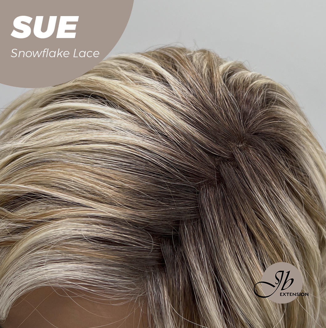 JBEXTENSION 17 Inches Blonde Deep Curly Pre-Cut Side Part Snowflake Lace Frontlace Glueless Wig SUE【BENDY EAR TABS】