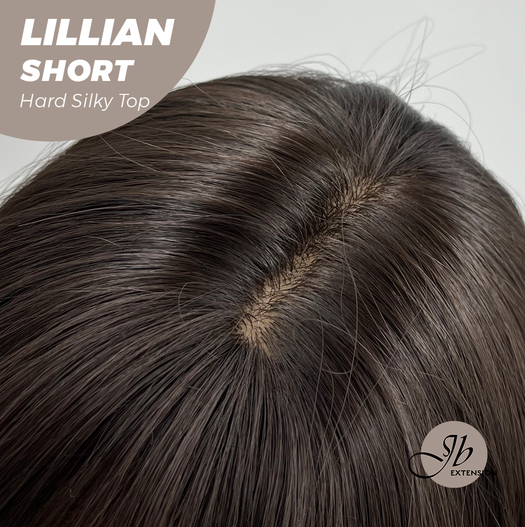 JBEXTENSION 22 Inches Scalpiana Tea Black Darkest Brown Curly 3.5X4 Hard Silky Top Natural Scalp Effect Wig LILLIAN SILKY TOP SHORT