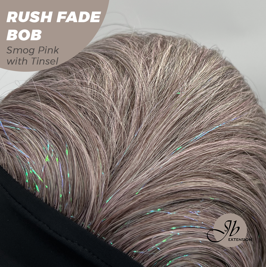 JBEXTENSION 12 Inches Short Hair Smog Pink with Tinsel Headband Wig RUSH FADE BOB - SMOG PINK WITH TINSEL