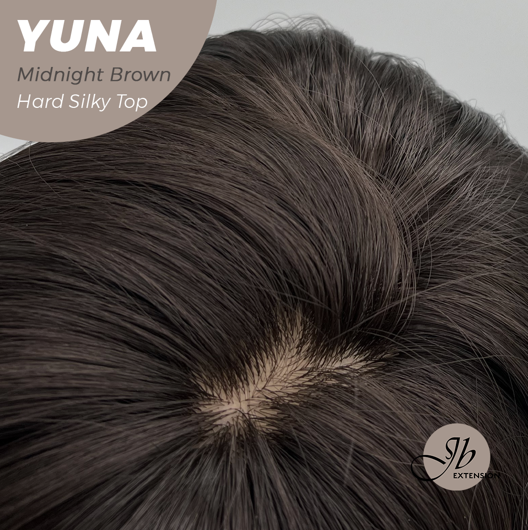 JBEXTENSION 12 Inches Scalpiana Midnight Brown( Black/Brown) 3.5X4 Hard Silky Top Natural Scalp Effect Women Wig With Bangs YUNA MIDNIGHT BROWN