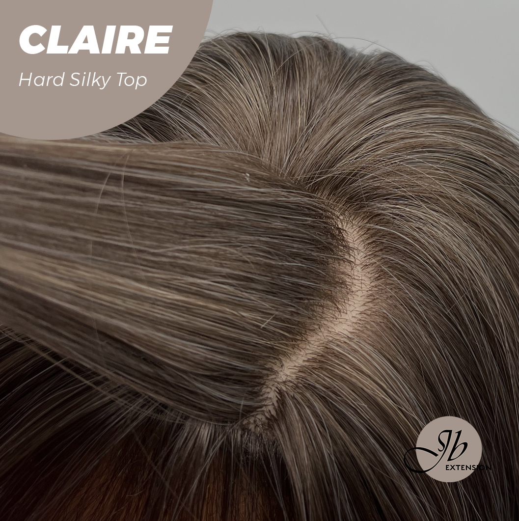 JBEXTENSION 22 Inches Scalpiana Brown With Highlight 3.5X4 Hard Silky Top Natural Scalp Effect Women Wig With Bangs CLAIRE SILKY TOP