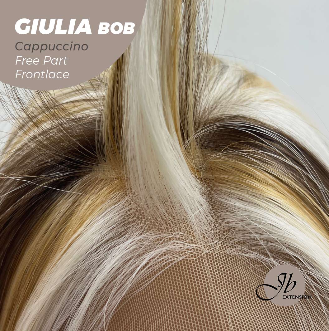 JBEXTENSION 14 Inches Bob Cut Mix Color With Blonde Brown Highlight Free Part Pre-Cut Frontlace Glueless Wig GIULIA BOB CAPPUCCINO (FREE PARTING)