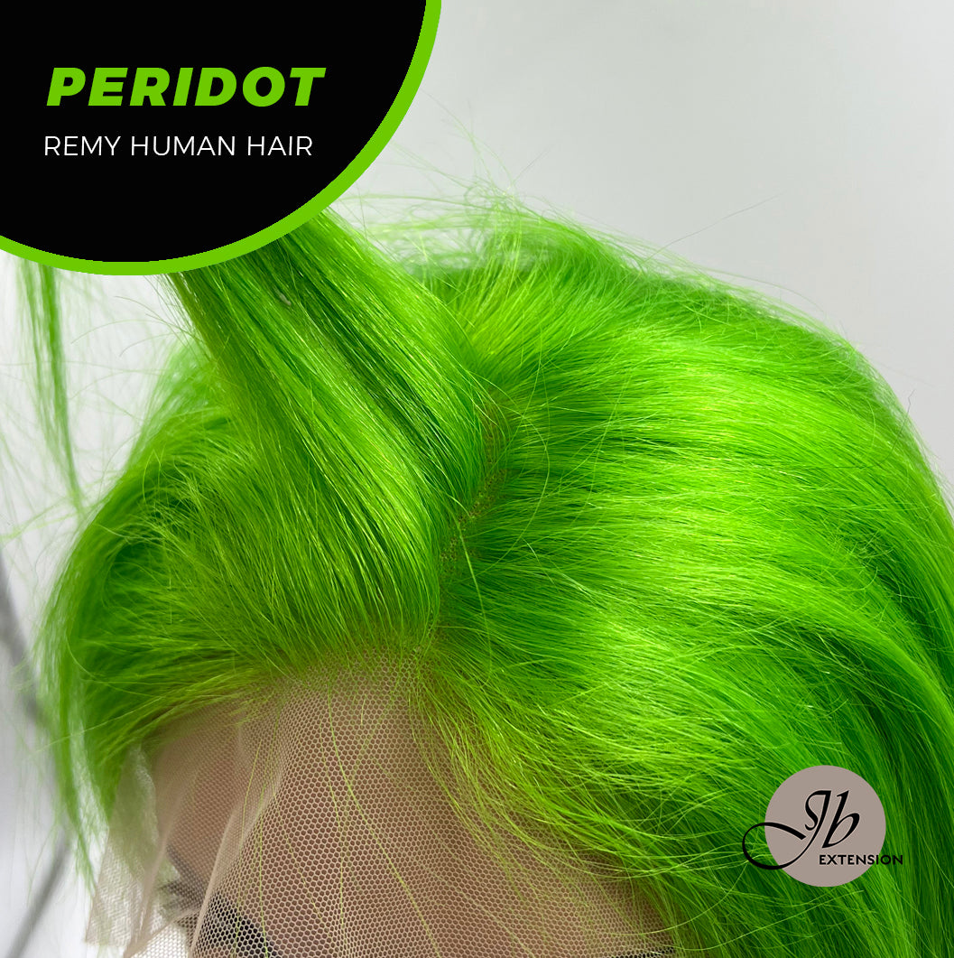 JBEXTENSION GEMSTONE COLLECTION 12 Inches Real Human Hair Light Green Bob Cut Free Parting Wig PERIDOT