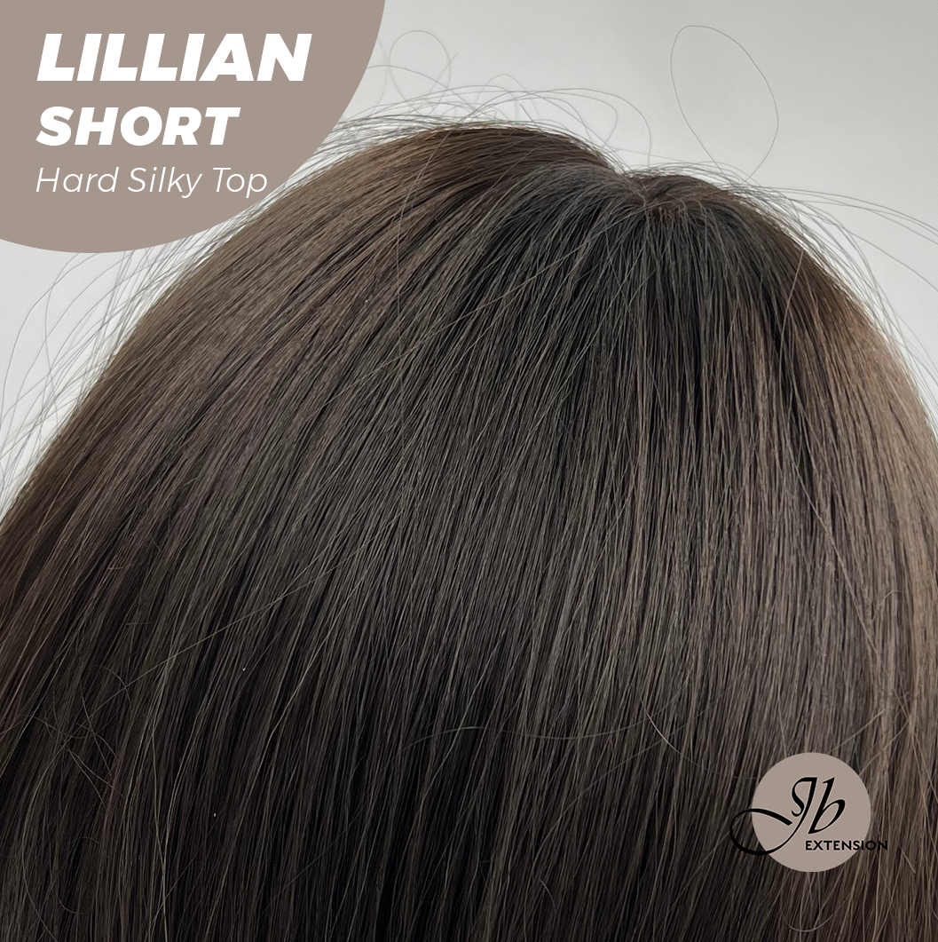 JBEXTENSION 22 Inches Scalpiana Tea Black Darkest Brown Curly 3.5X4 Hard Silky Top Natural Scalp Effect Wig LILLIAN SILKY TOP SHORT