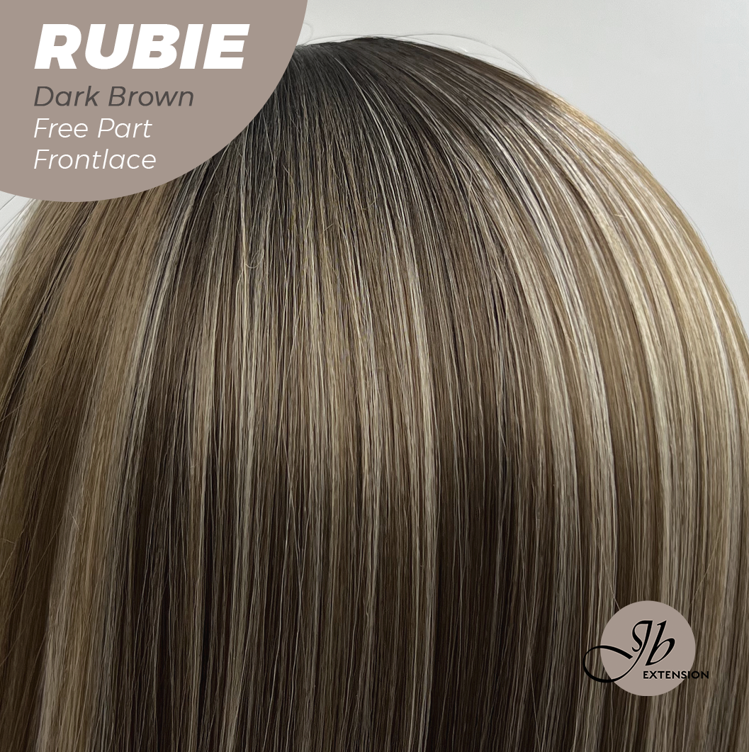 JBEXTENSION 30 Inches Dark Brown With Highlight Long Straight Fiber X, Tangle Less Pre-Cut Free Part Frontlae Glueless Wig RUBIE DARK BROWN