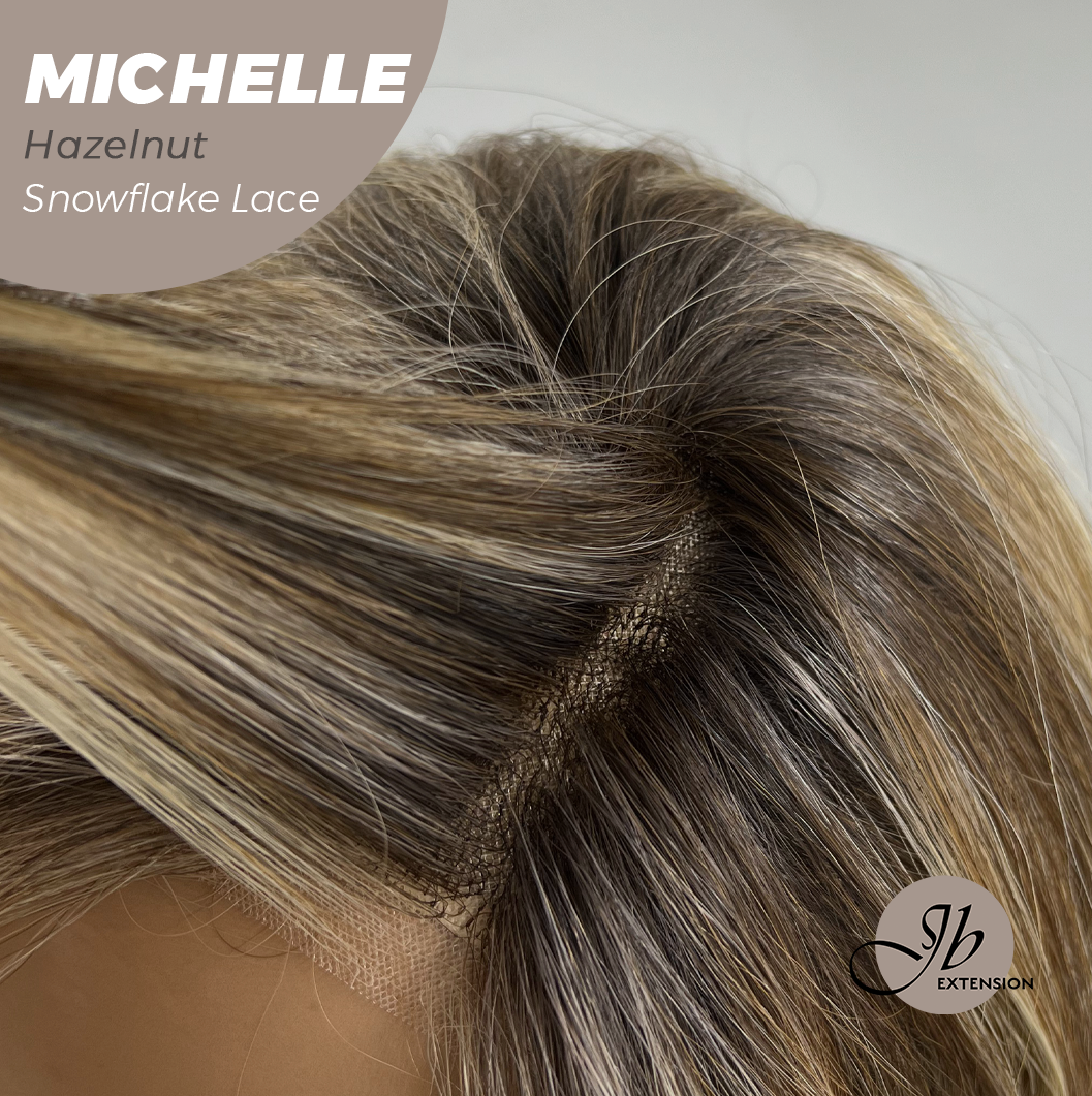 JBEXTENSION 10 Inches Hazelnut Blonde Highlight Pre-Cut Side Part Snowflake Lace Frontlace Glueless Wig MICHELLE HAZELNUT【BENDY EAR TABS】