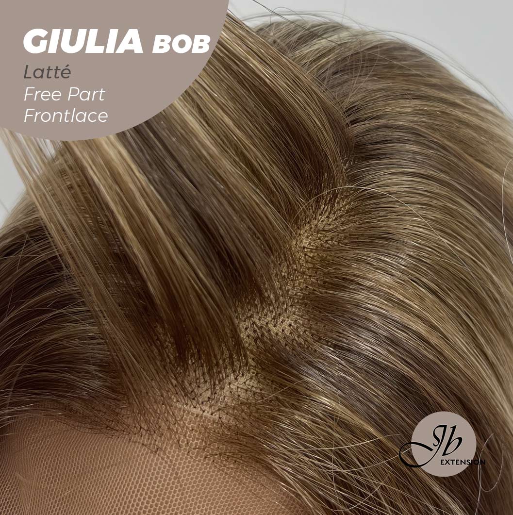 JBEXTENSION 14 Inches Bob Cut Mix Color With Highlight Free Part Pre-Cut Frontlace Glueless Wig GIULIA BOB LATTé (FREE PARTING)