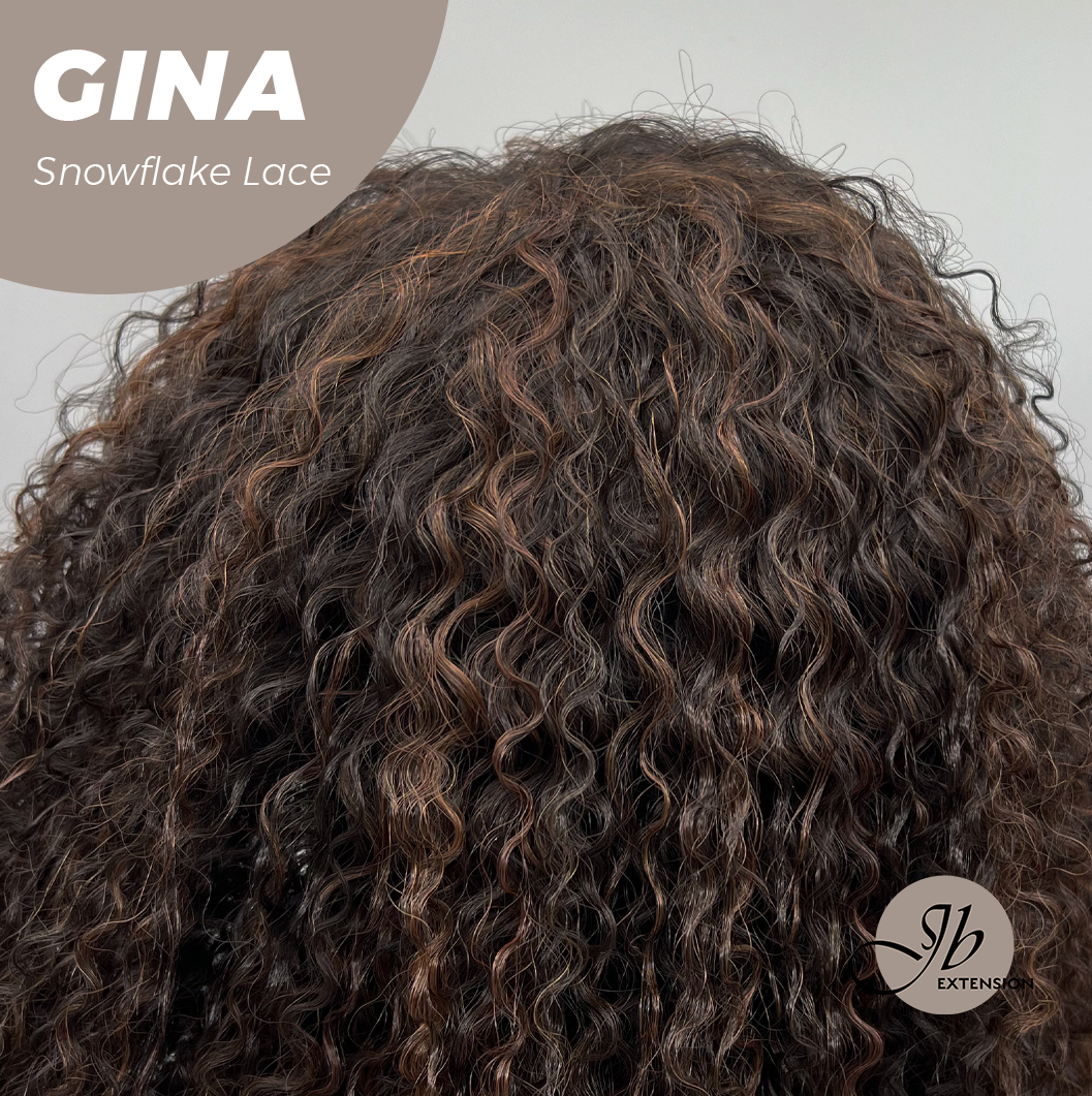 JBEXTENSION 16 Inches Deep Curly Black with Brown Highlight Pre-Cut Snowflake Lace Frontlace Glueless Wig GINA SNOWFLAKE【PERMATEASE】【BENDY EAR TABS】