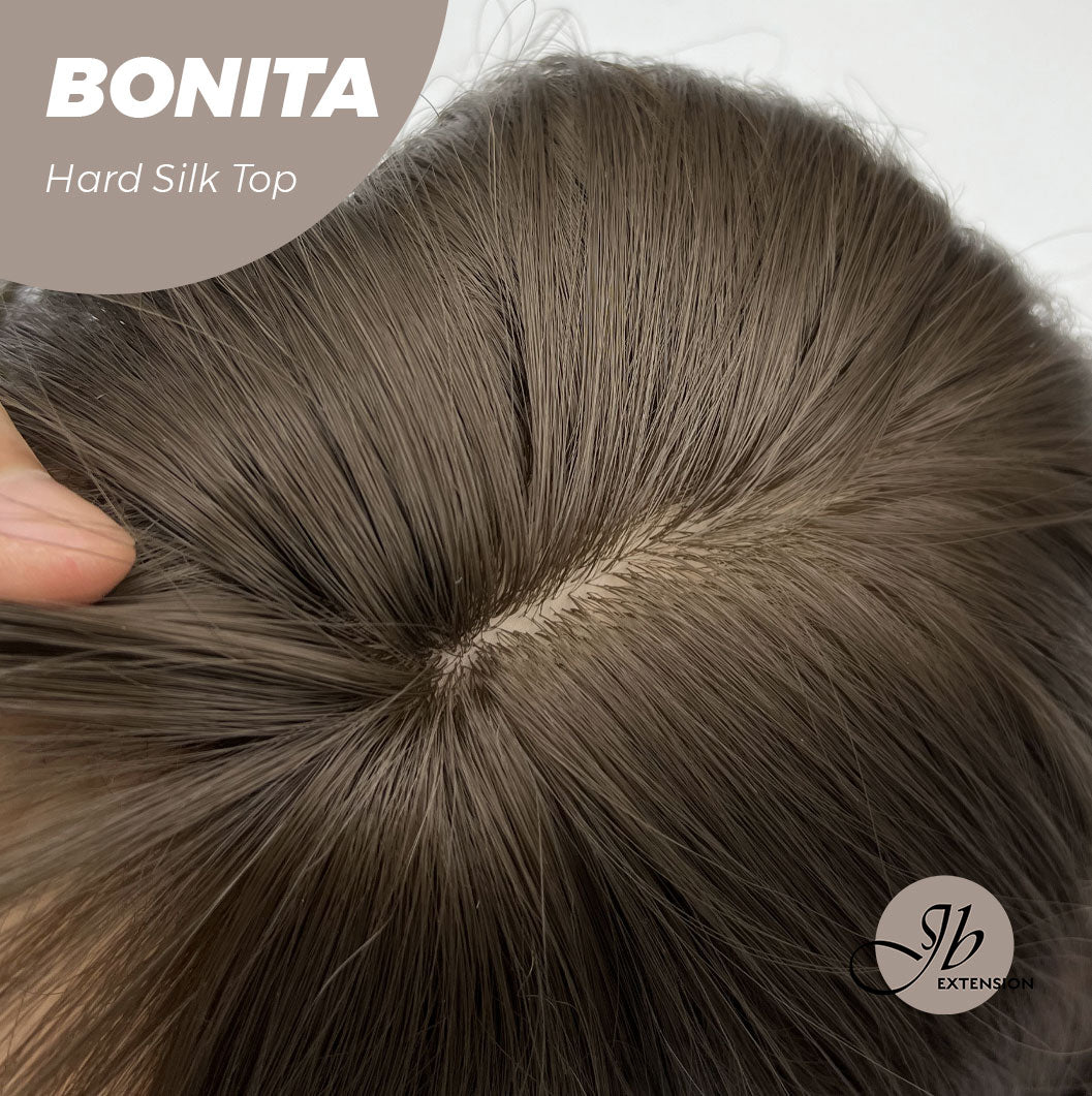 HOT OF SEASON - JBEXTENSION 26 Inches Scalpiana Brown Curly 3.5X4 Hard Silky Top Natural Scalp Effect Wig With Bangs BONITA