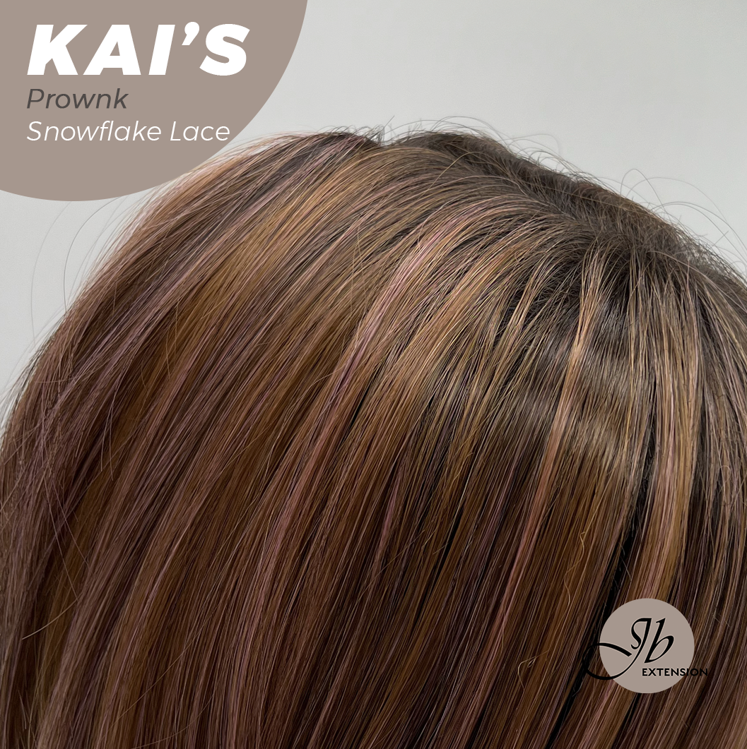 JBEXTENSION 18 Inches Brown with Pink Highlight Pre-Cut Snowflake Lace Frontlace Glueless Wig KAI'S PROWNK【PERMATEASE】【BENDY EAR TABS】- M/L