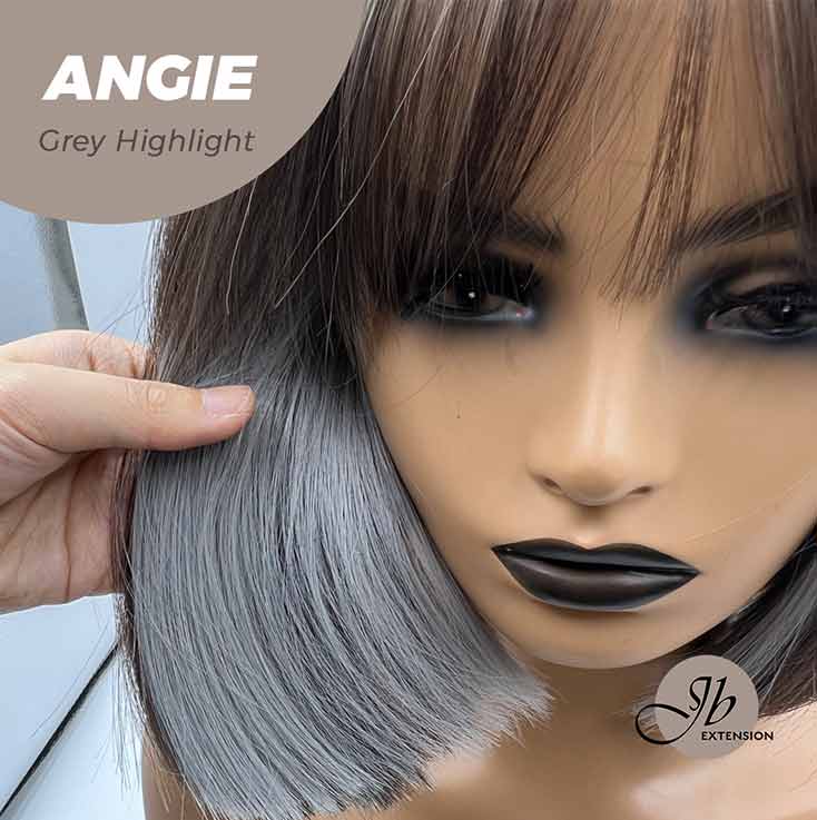 JBEXTENSION 12 Inches Bob Cut Dark Brown With Grey Highlight Wig With Bangs ANGIE GREY