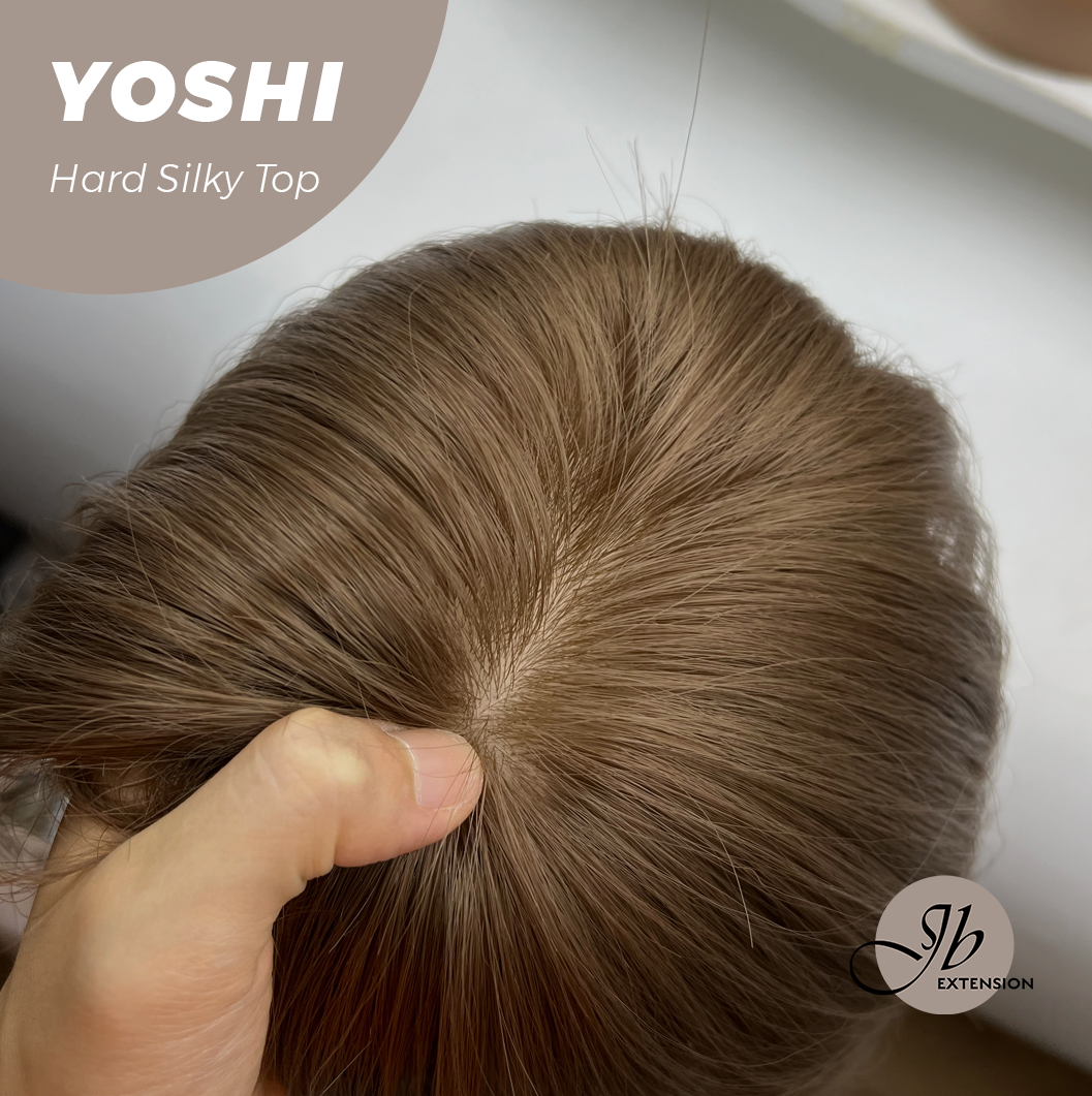 JBEXTENSION 16 Inches Scalpiana Hush Cut Light Brown 3.5X4 Hard Silky Top Natural Scalp Effect Wig With Bangs YOSHI SILKY TOP