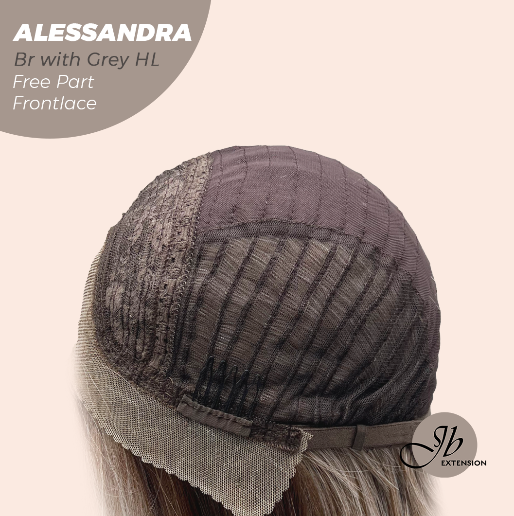 JBEXTENSION 20 Inches Brown with Grey Highlight Curly Fiber X, Tangle Less Pre-Cut Free Part Frontlae Glueless Wig ALESSANDRA GREY