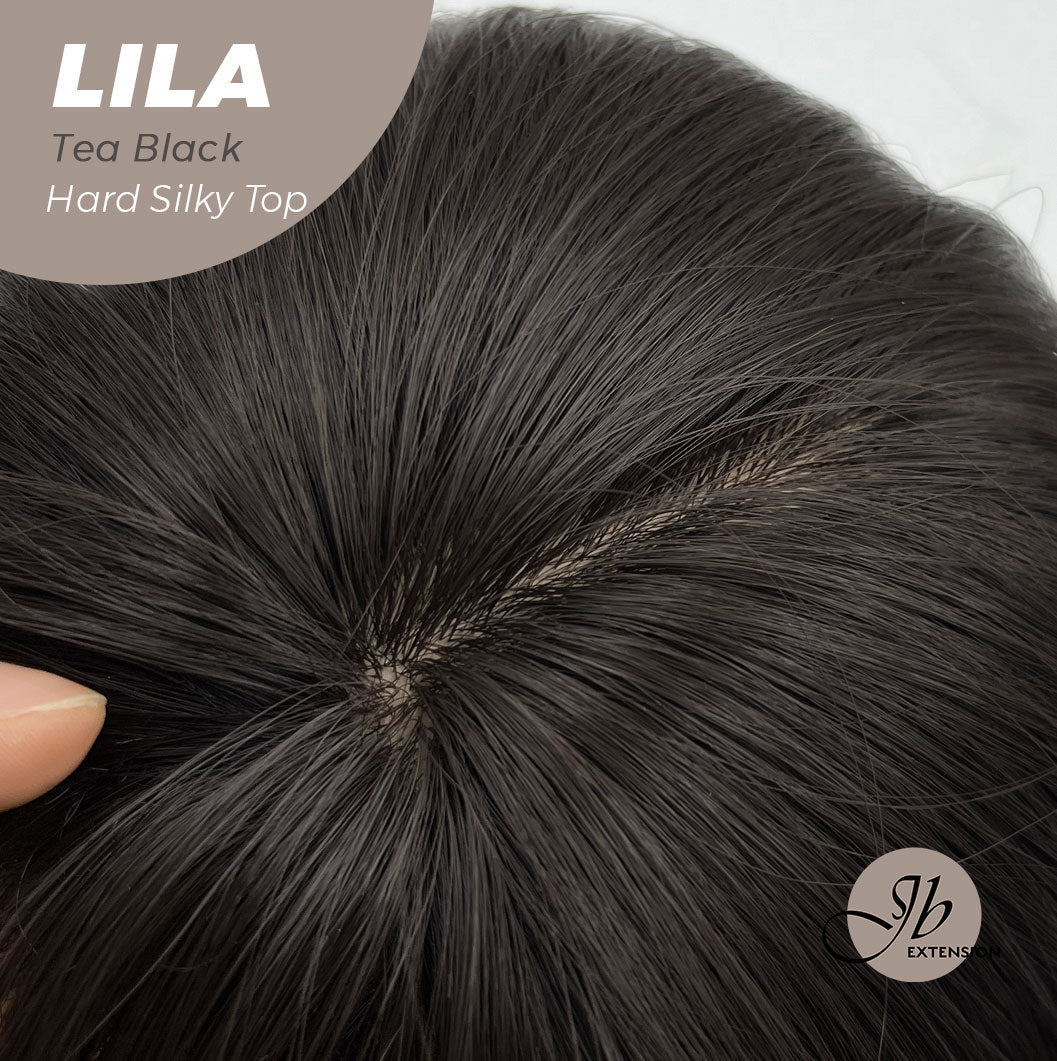JBEXTENSION 20 Inches Scalpiana Tea Black Darkest Brown Wolf Cut 3.5X4 Hard Silky Top Natural Scalp Effect Wig With Bangs LILA TEA BLACK