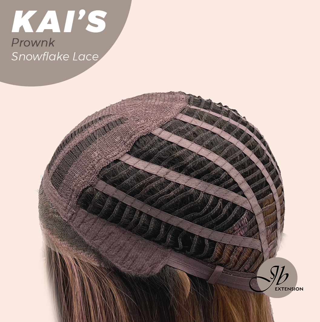 JBEXTENSION 18 Inches Brown with Pink Highlight Pre-Cut Snowflake Lace Frontlace Glueless Wig KAI'S PROWNK【PERMATEASE】【BENDY EAR TABS】- M/L