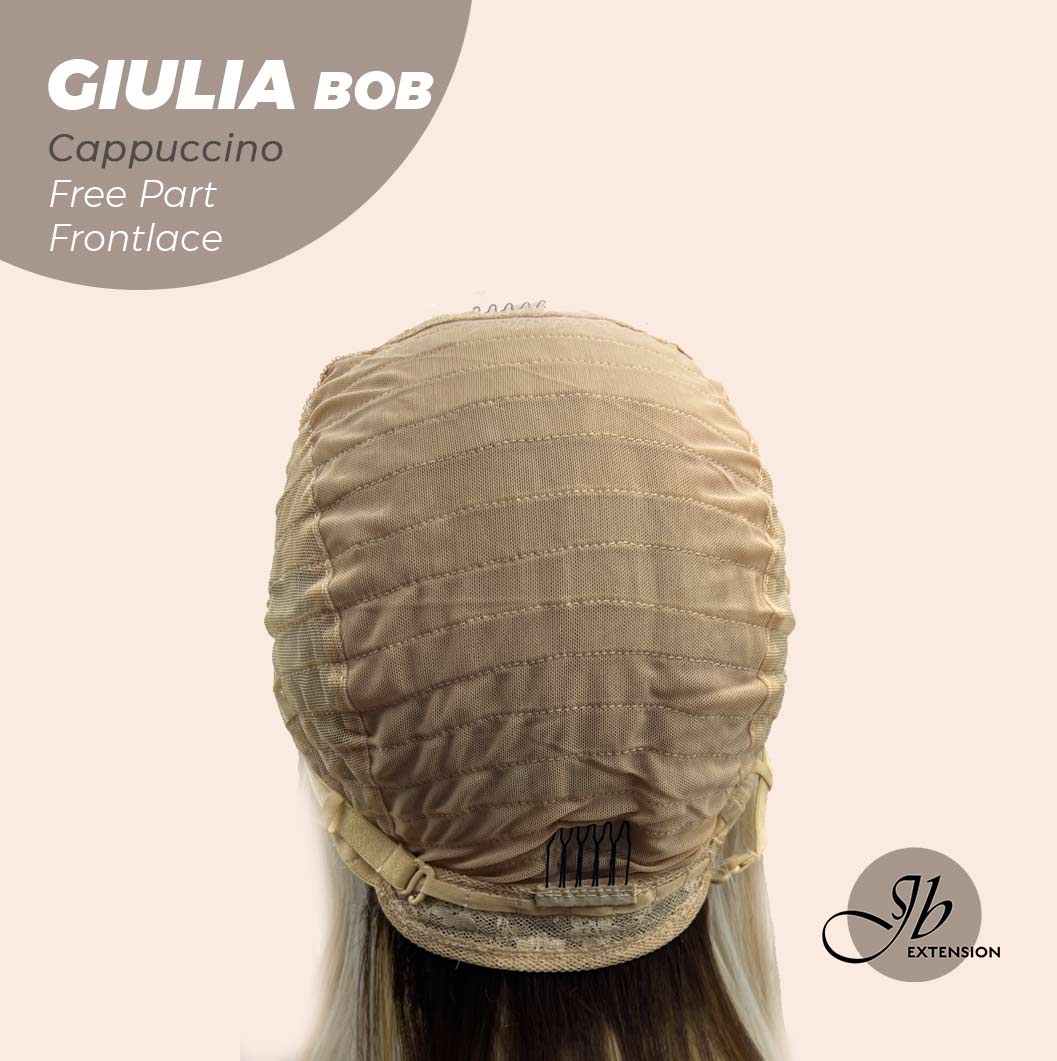 JBEXTENSION 14 Inches Bob Cut Mix Color With Blonde Brown Highlight Free Part Pre-Cut Frontlace Glueless Wig GIULIA BOB CAPPUCCINO (FREE PARTING)
