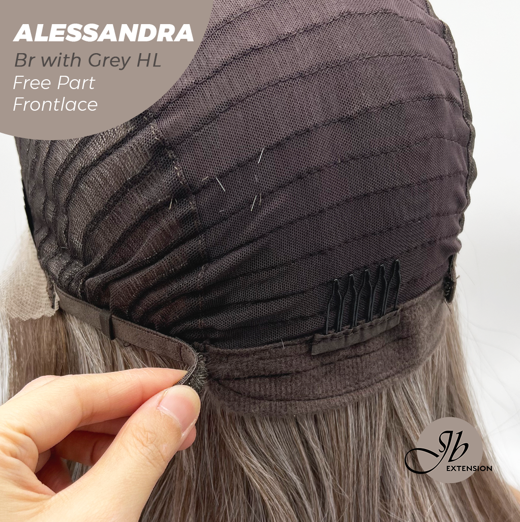JBEXTENSION 20 Inches Brown with Grey Highlight Curly Fiber X, Tangle Less Pre-Cut Free Part Frontlae Glueless Wig ALESSANDRA GREY