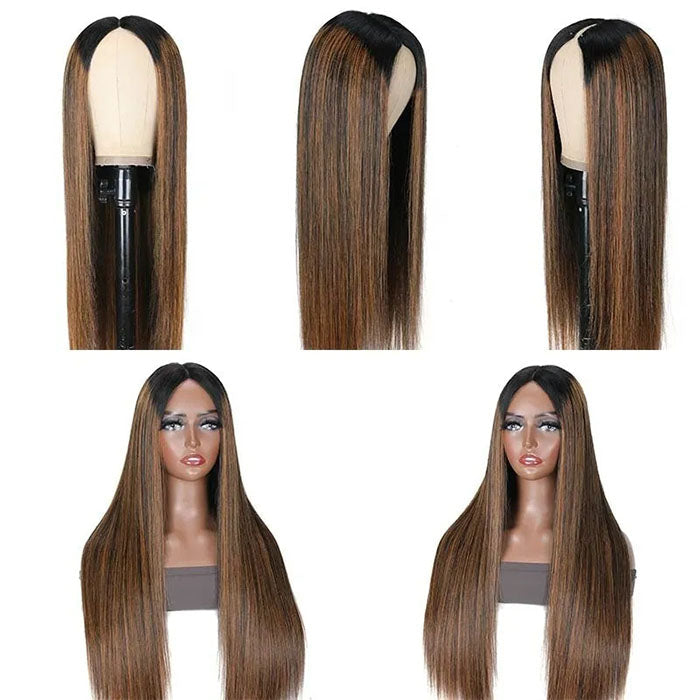 Hot Highlight Balayage Straight V/U Part Wig No Leave Out Glueless Human Hair Wigs Beginner Friendly