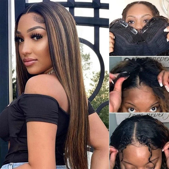 Hot Highlight Balayage Straight V/U Part Wig No Leave Out Glueless Human Hair Wigs Beginner Friendly