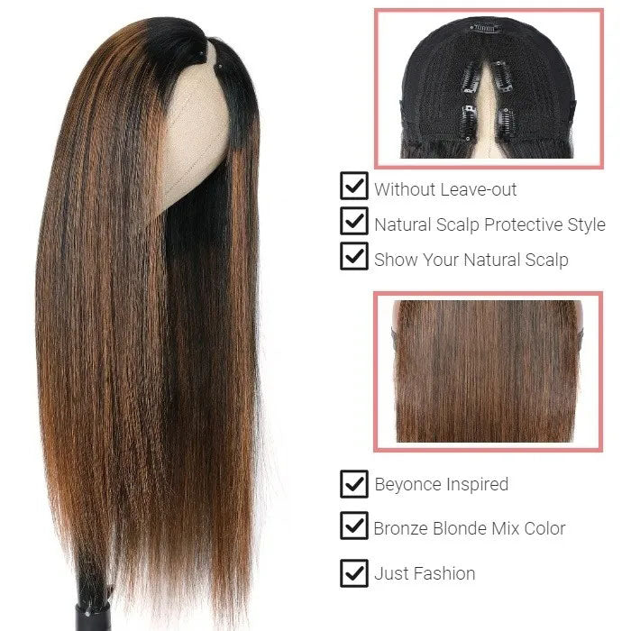 Hot Highlight Balayage Straight V/U Part Wig No Leave Out Glueless Human Hair Wigs Beginner Friendly