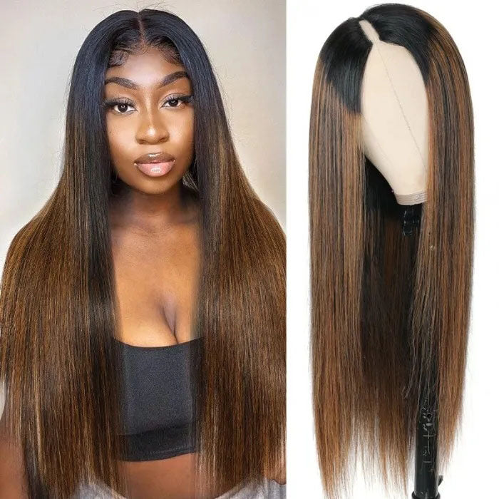 Hot Highlight Balayage Straight V/U Part Wig No Leave Out Glueless Human Hair Wigs Beginner Friendly