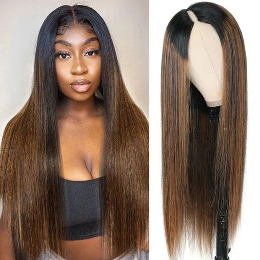 Hot Highlight Balayage Straight V/U Part Wig No Leave Out Glueless Human Hair Wigs Beginner Friendly