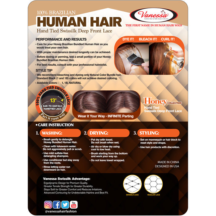 Vanessa Honey-C Brazilian Human Hair Swissilk Lace Wig - TH34 YURAN 28