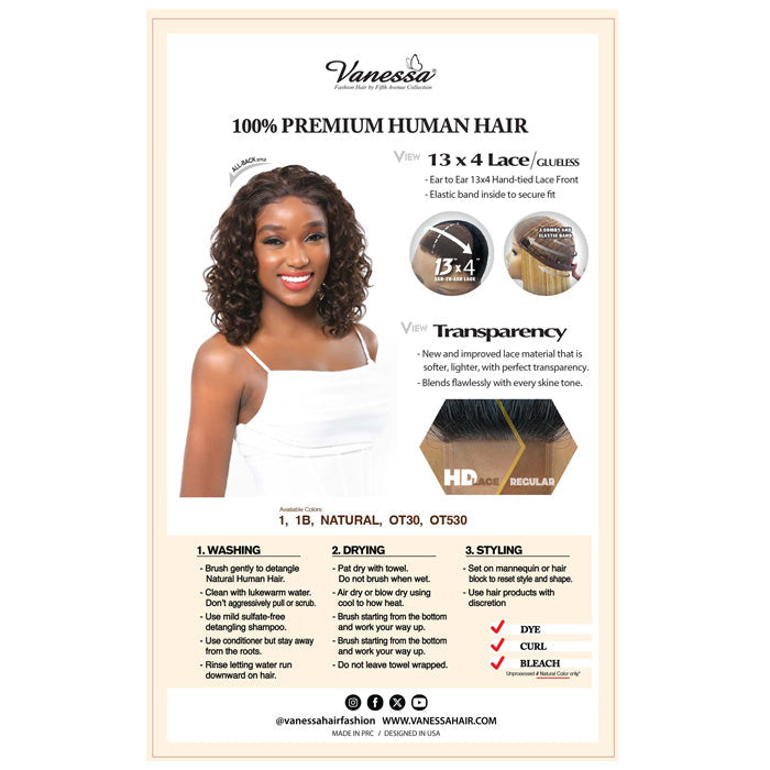 Vanessa Premium Brazilian Glueless 13x4 HD Lace Front Wig - H134 KISSI - 100% Human Hair