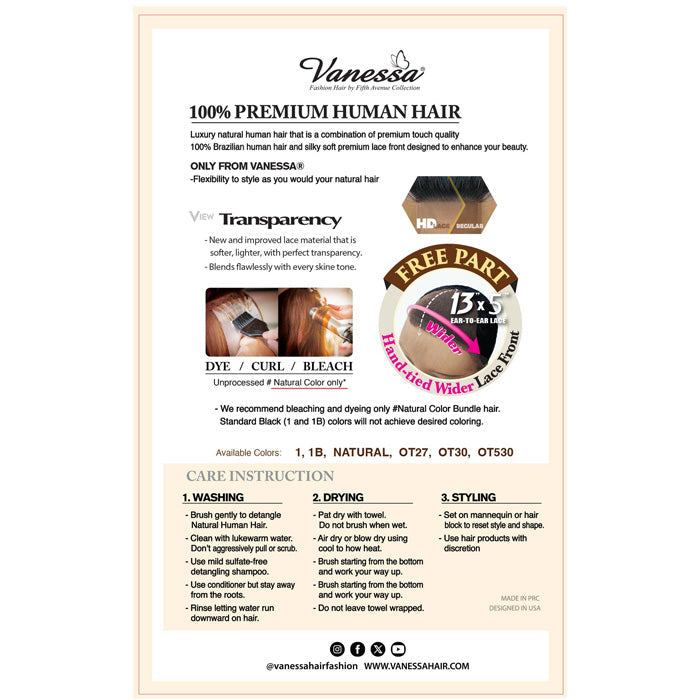 Vanessa Premium Brazilian Glueless Human Hair 13x5 HD Lace Front Wig - H145 LORA - 100% Hand-Tied