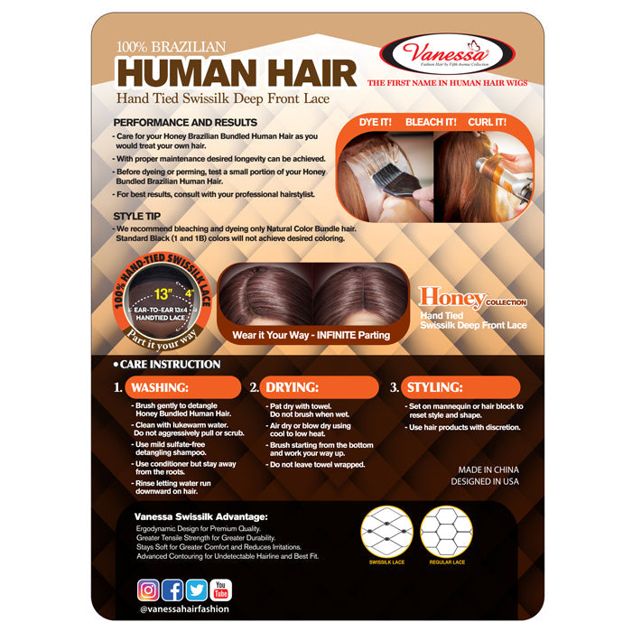 Vanessa 100% Brazilian Human Hair 13X4 Swissilk Lace Front Wig - TH34 STR 20